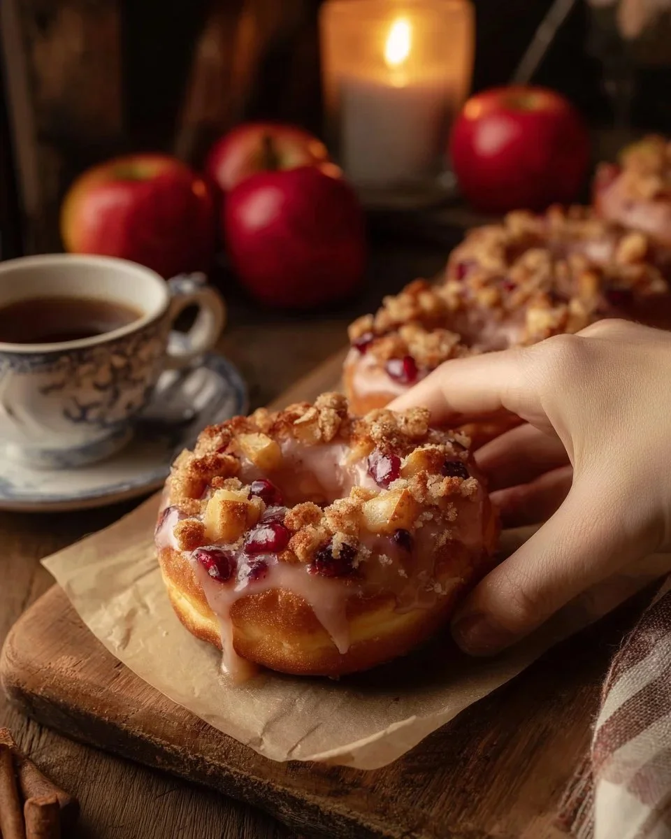 Apfel Cheesecake Brötchen mit Streuseln und Zuckerguss auf einem Teller