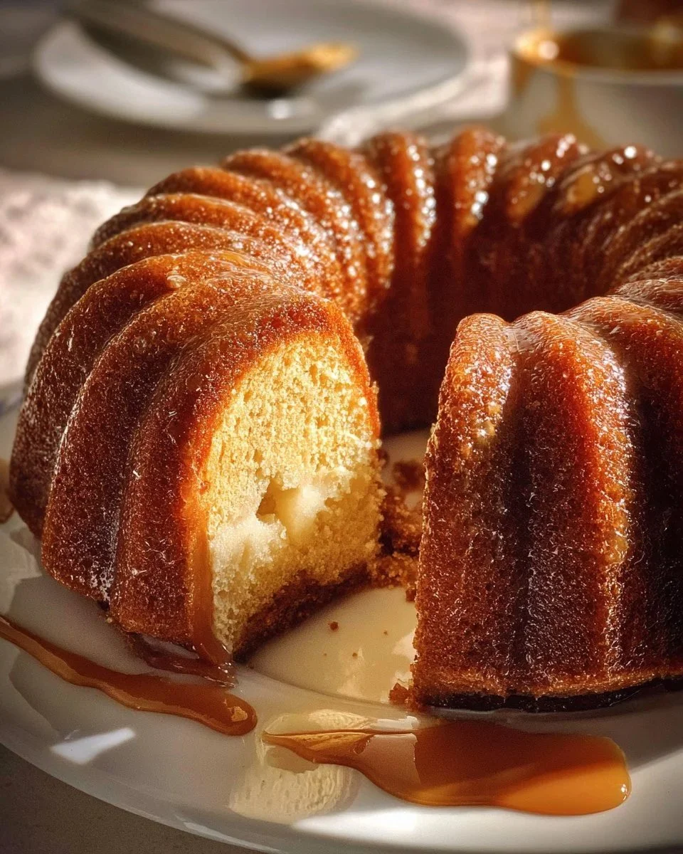 Leckerer Bananen-Cream-Cheese-Bundt-Kuchen auf einem Tisch serviert.