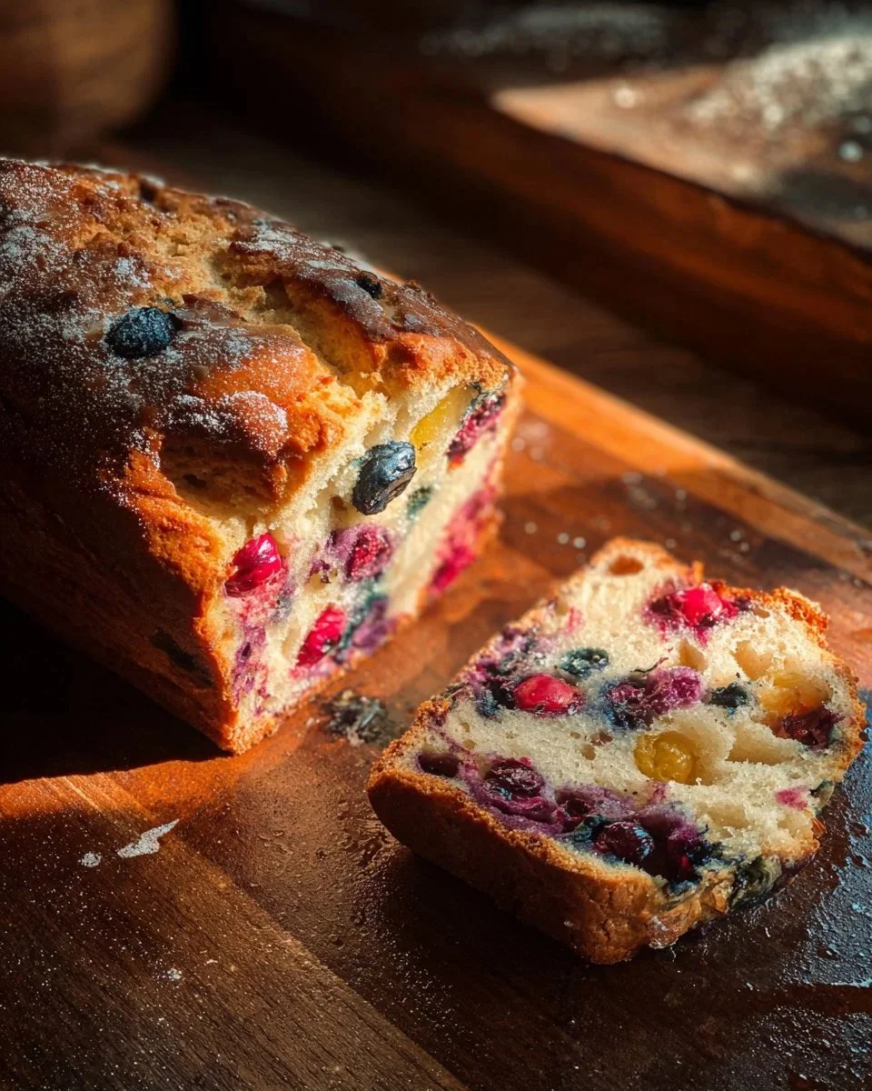 Frisches Blaubeer-Bananenbrot auf Holzbrett mit Beeren und Bananen