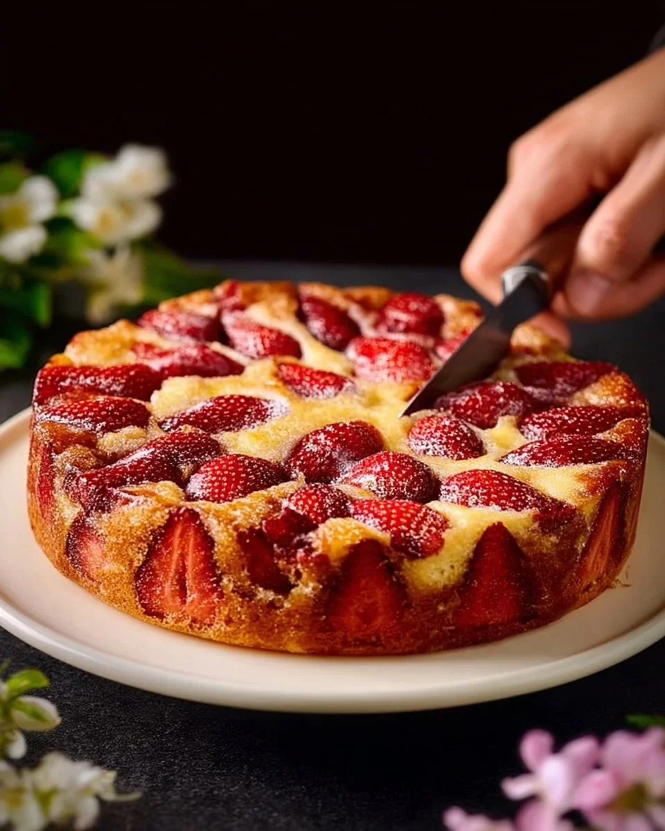 Saftiger Erdbeer-Ricotta-Kuchen mit frischen Erdbeeren und cremigem Ricotta.