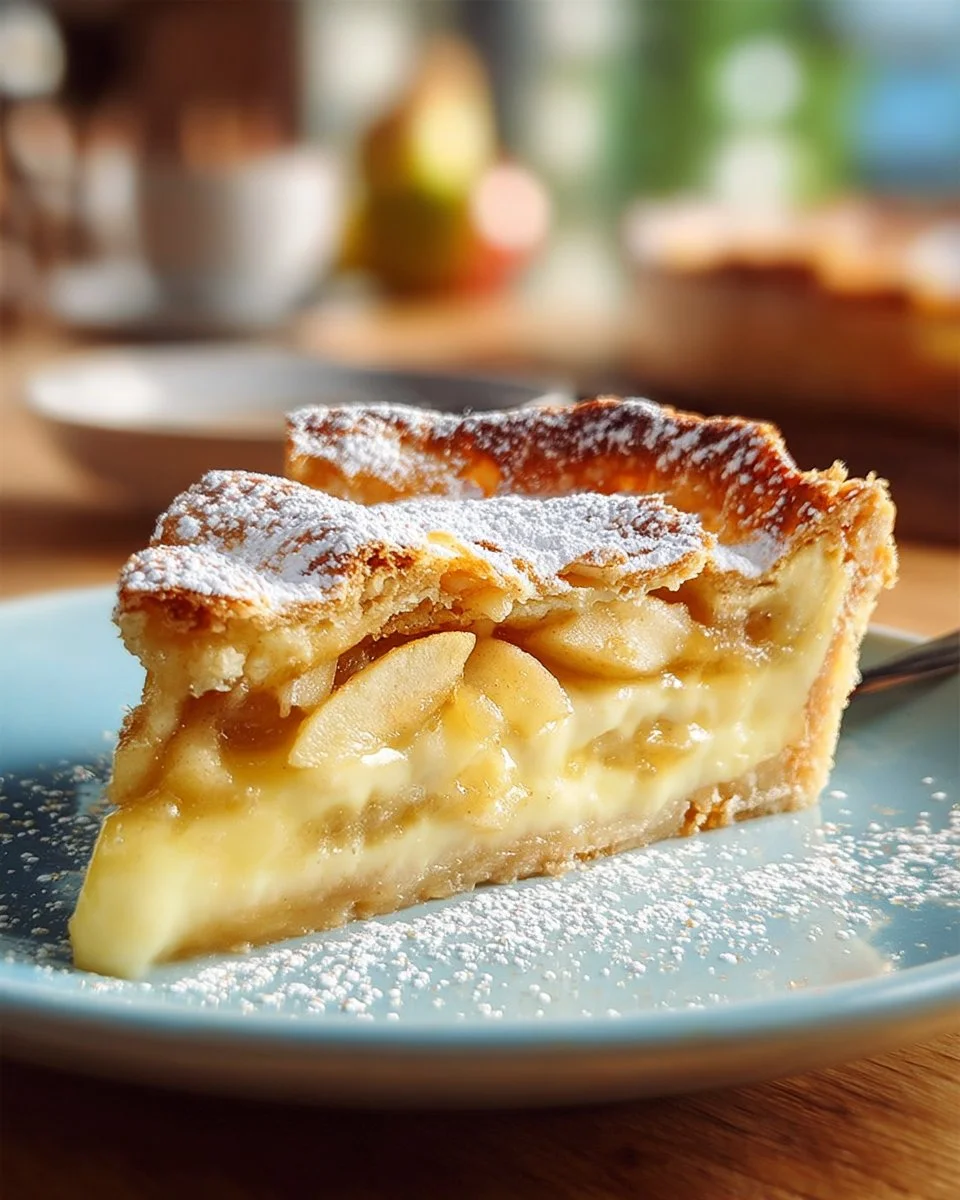 Finkenwerder Apfelkuchen mit frischen Äpfeln und Zimt auf einem rustikalen Tisch