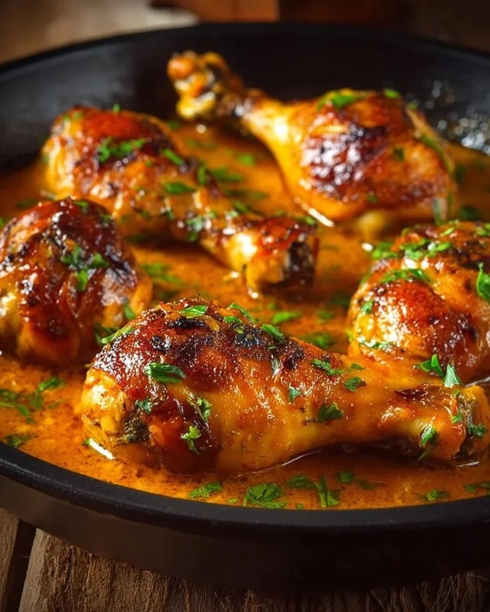 Hähnchenschenkel in einer cremigen Sahnesauce serviert