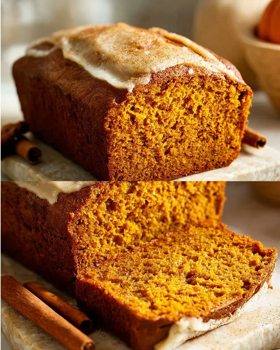 Kürbis-Bananenbrot auf einem Tisch, dekoriert mit Herbstblättern