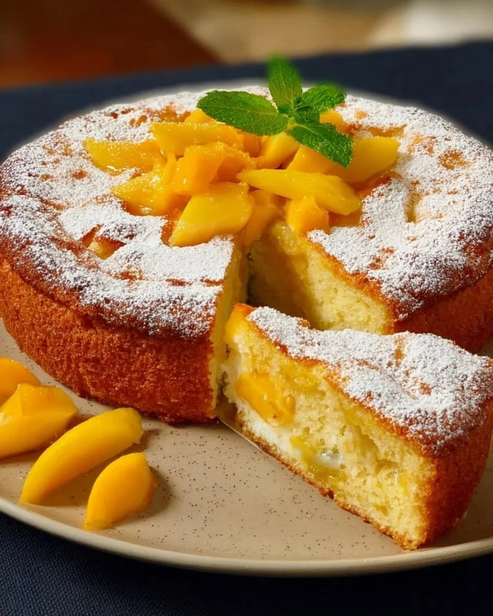Saftiger Pfirsichkuchen mit viel Sahne auf einem Teller serviert.