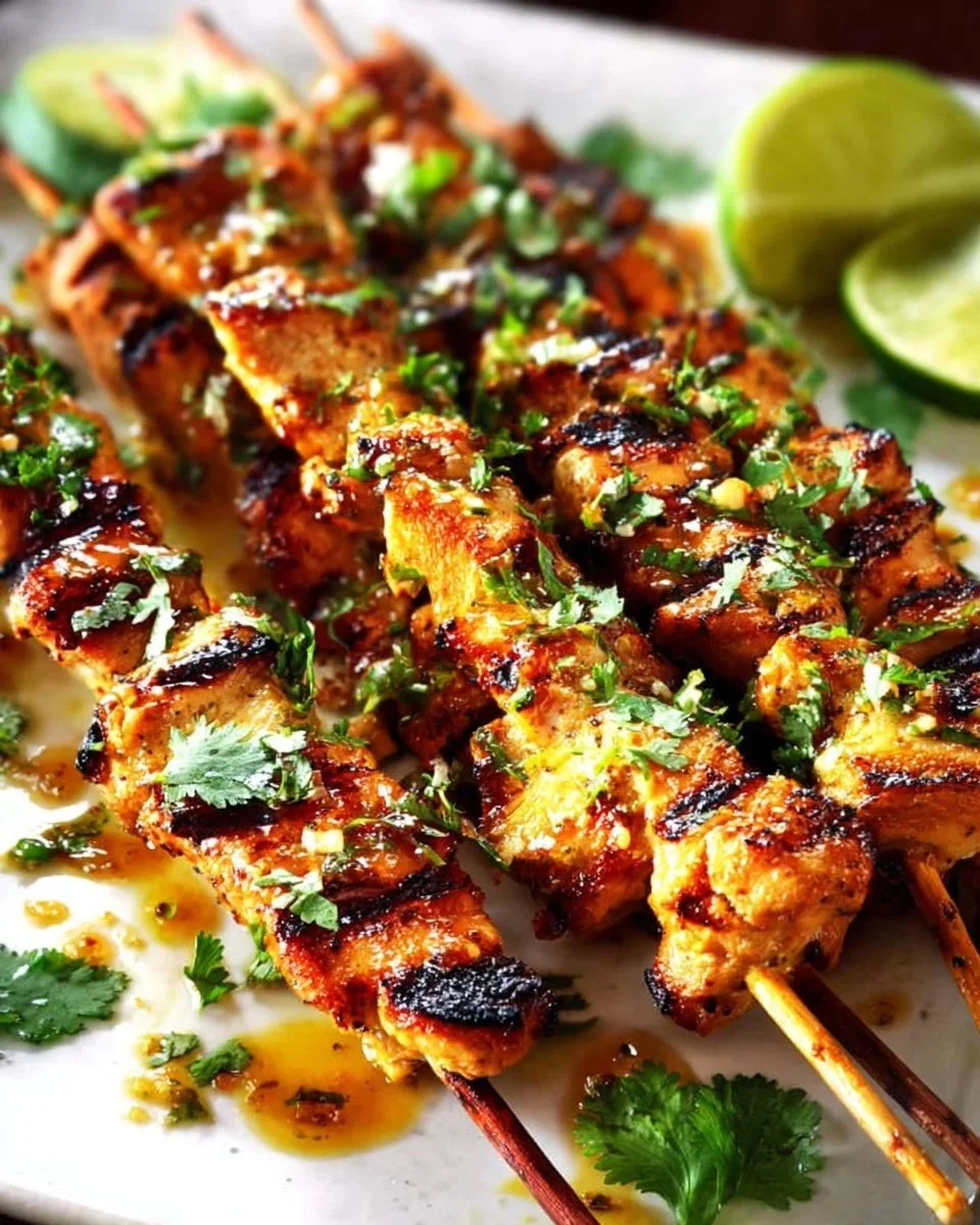 Thai Satay-Hühnchen mit Erdnusssauce auf einem Teller dekoriert