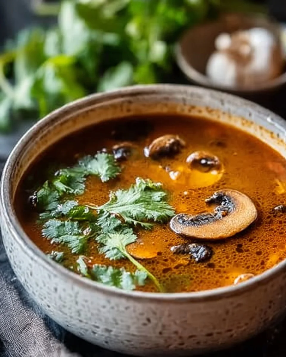 Schüssel mit ungarischer Pilzsuppe, serviert mit frischen Zutaten