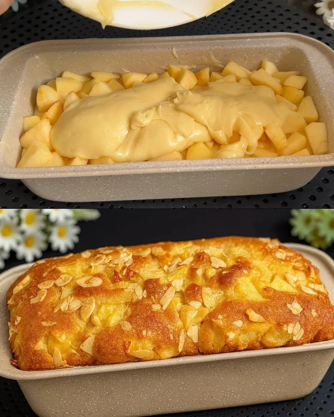 Saftiger Apfel-Joghurt-Kuchen auf einem Tisch serviert