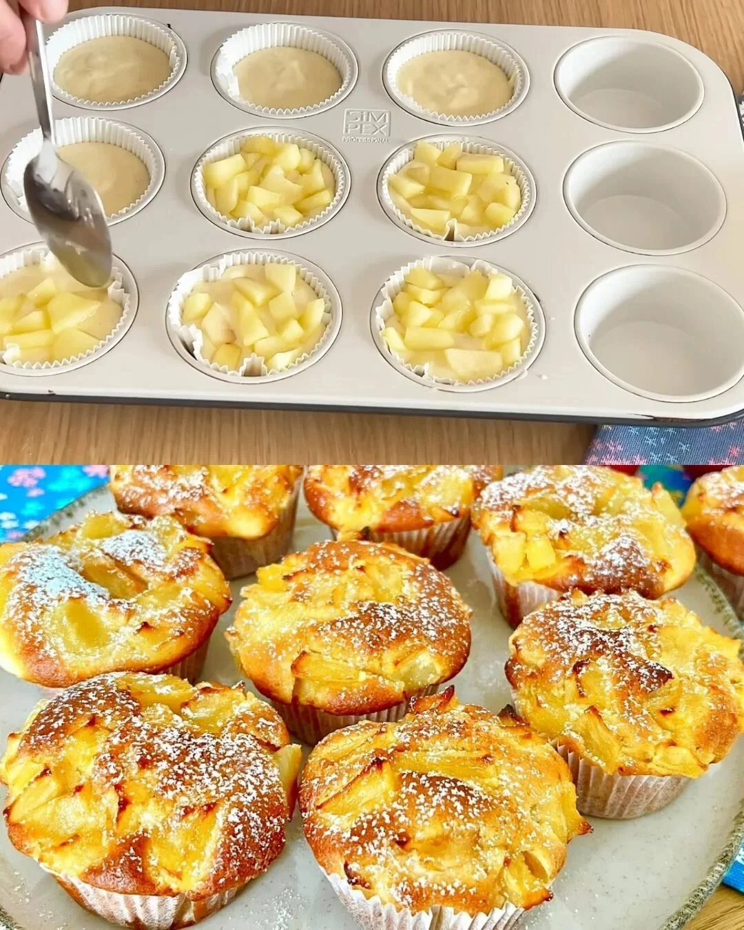 Saftiger Apfel-Joghurt-Kuchen auf einem Teller, dekoriert mit frischen Äpfeln.