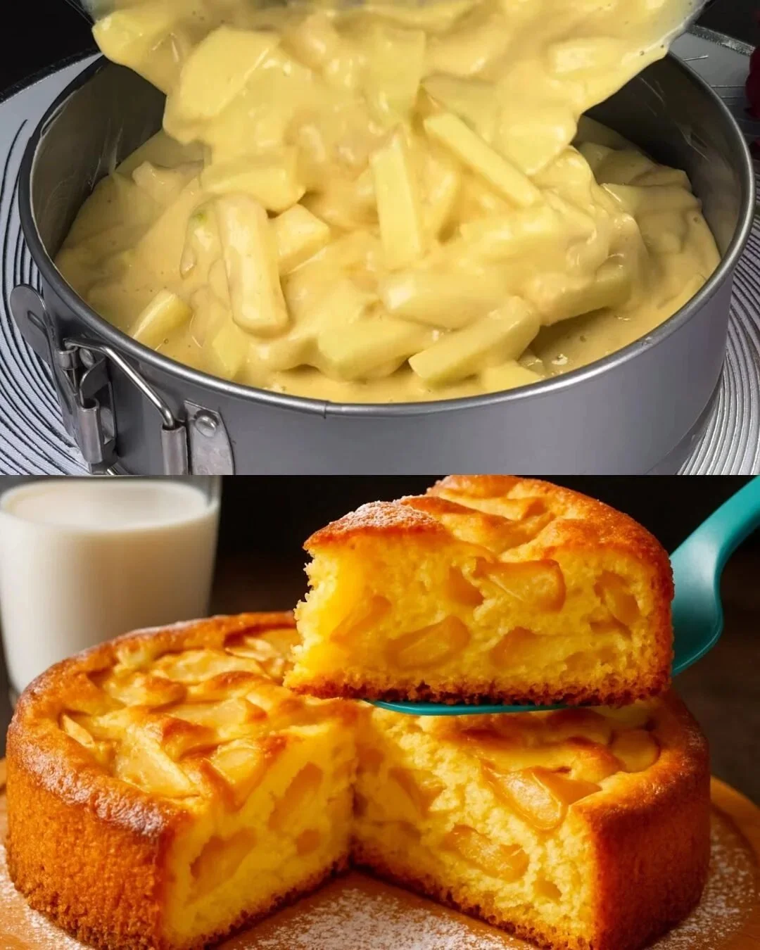 Frischer, saftiger Apfelkuchen serviert auf einem Holztisch.