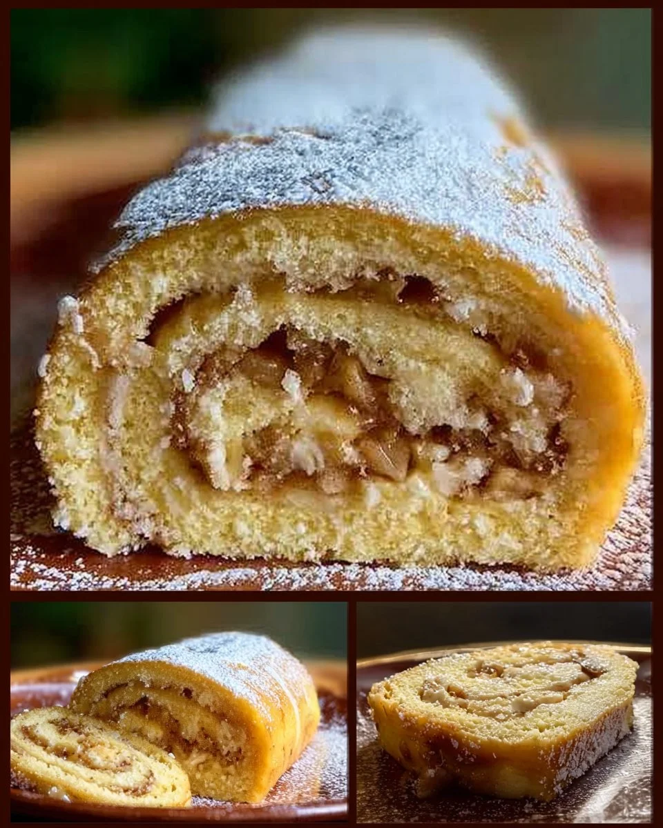 Ein Stück Apfelrolle Kuchen auf einem Teller mit Äpfeln im Hintergrund