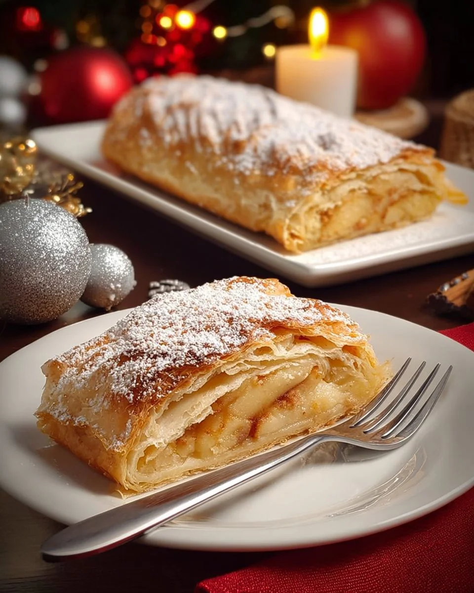 Apfelstrudel mit Quark, Pudding und Piemonteser Nüssen auf einem Teller