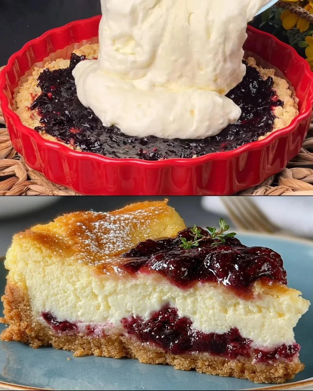 Beerenmarmeladen-Hüttenkäsekuchen auf einem Teller serviert