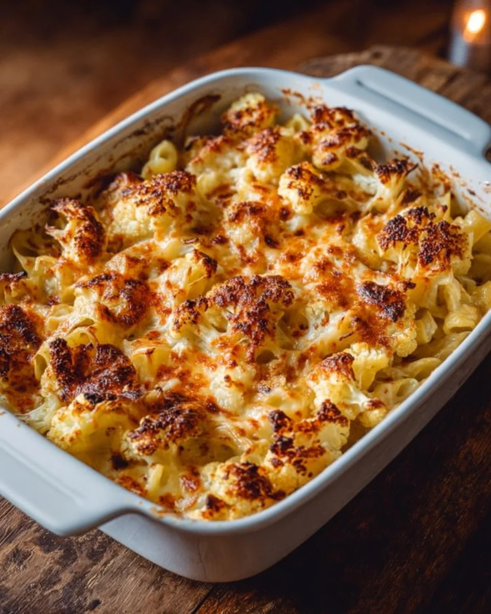 Ein Teller Blumenkohl Mac und Käse mit Käse und Blumenkohlstücken.