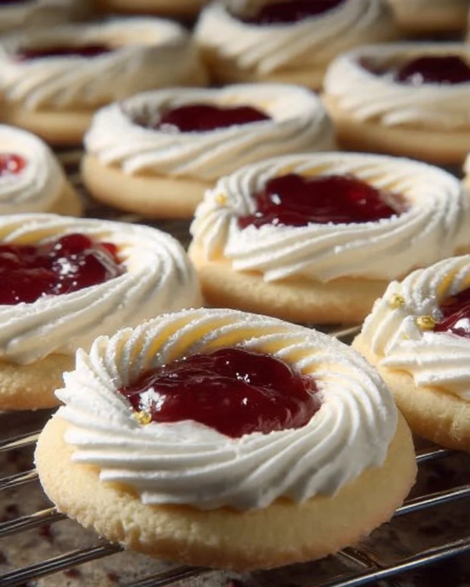 Buttergebäck Linzer Kekse mit Marmelade und schneebedecktem Design
