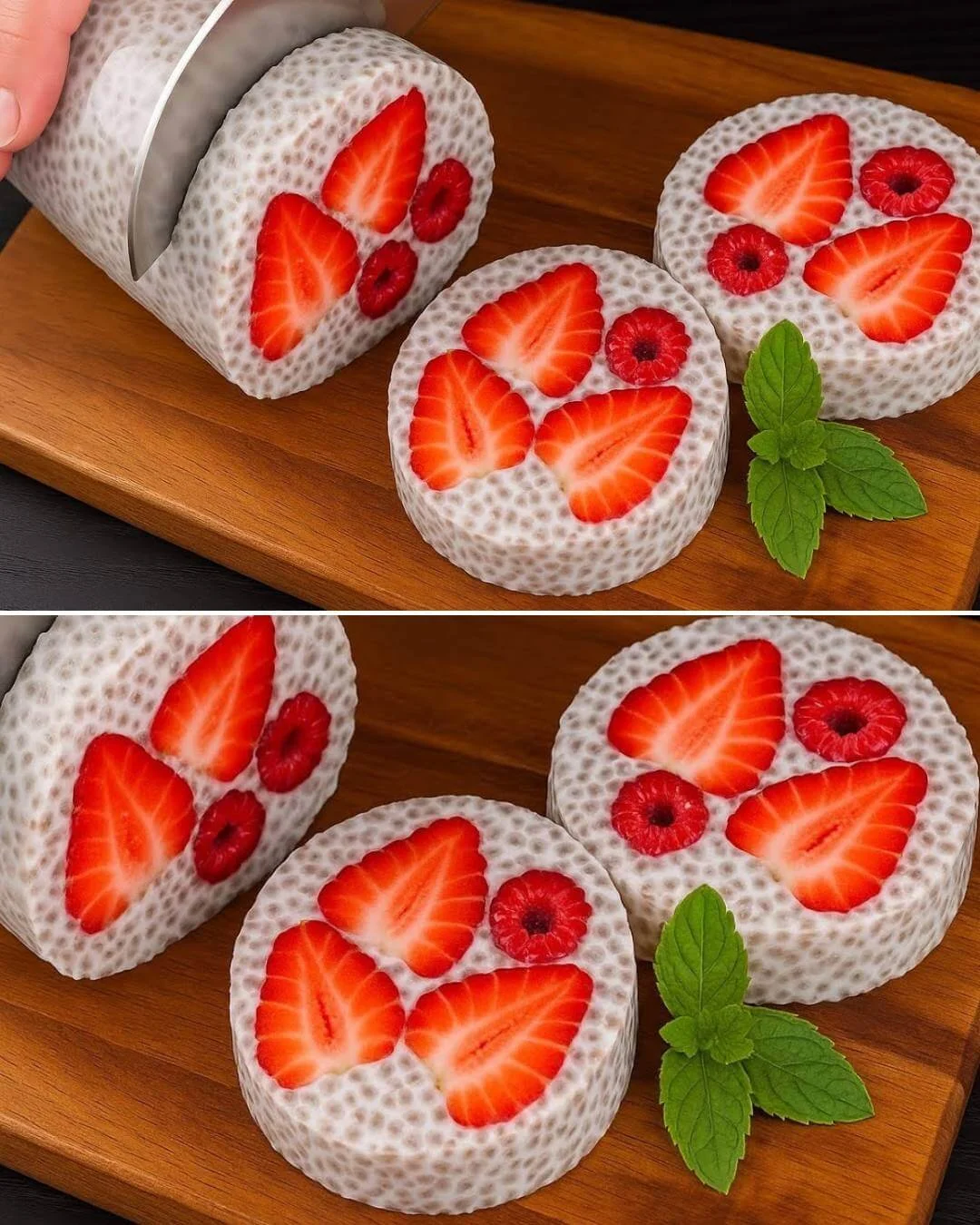Chia-Pudding mit frischen Erdbeeren und Himbeeren in einer hübschen Schale