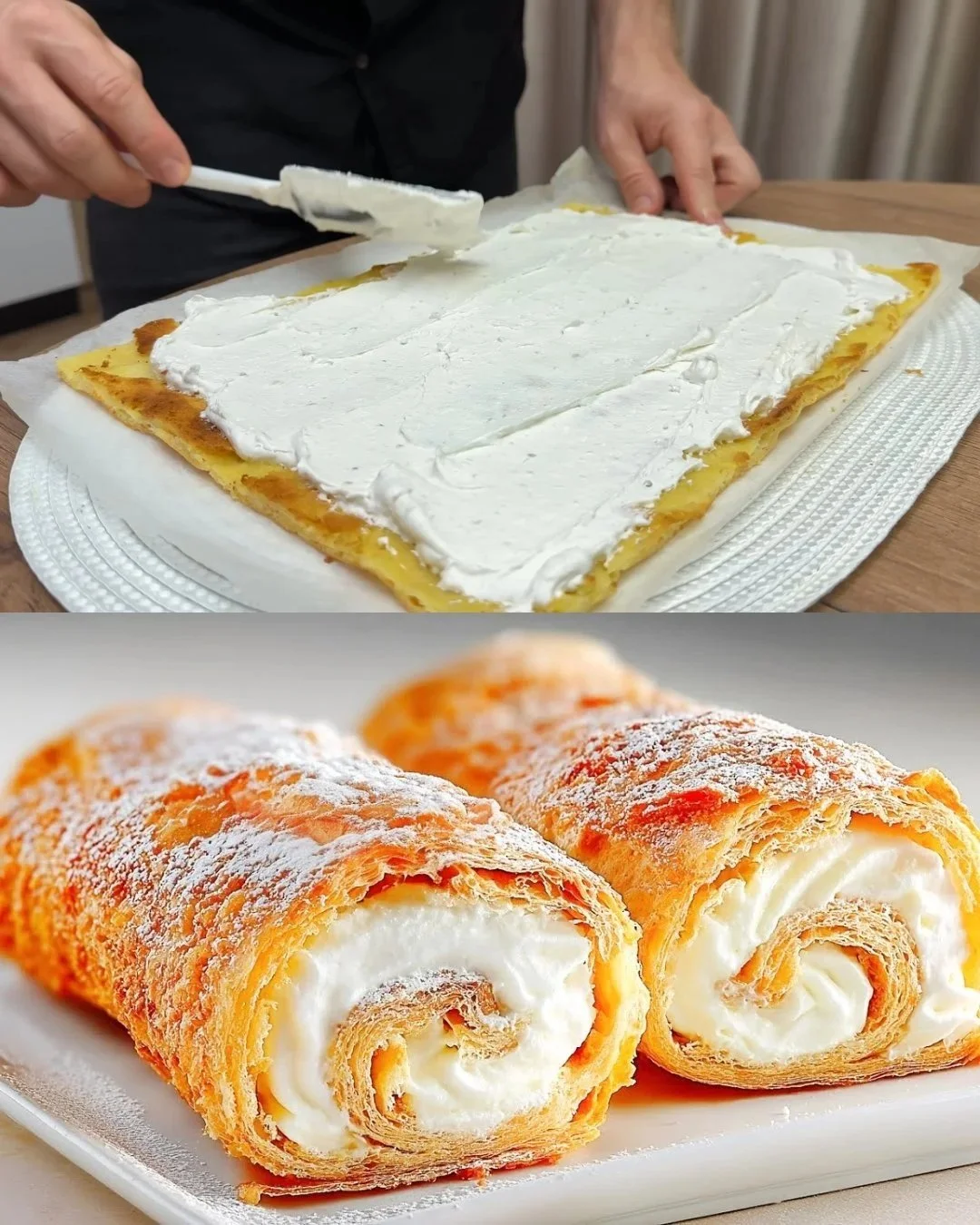 Cremige Bananen-Puffs mit Zitronen-Süßmilch-Creme auf einem Teller serviert.