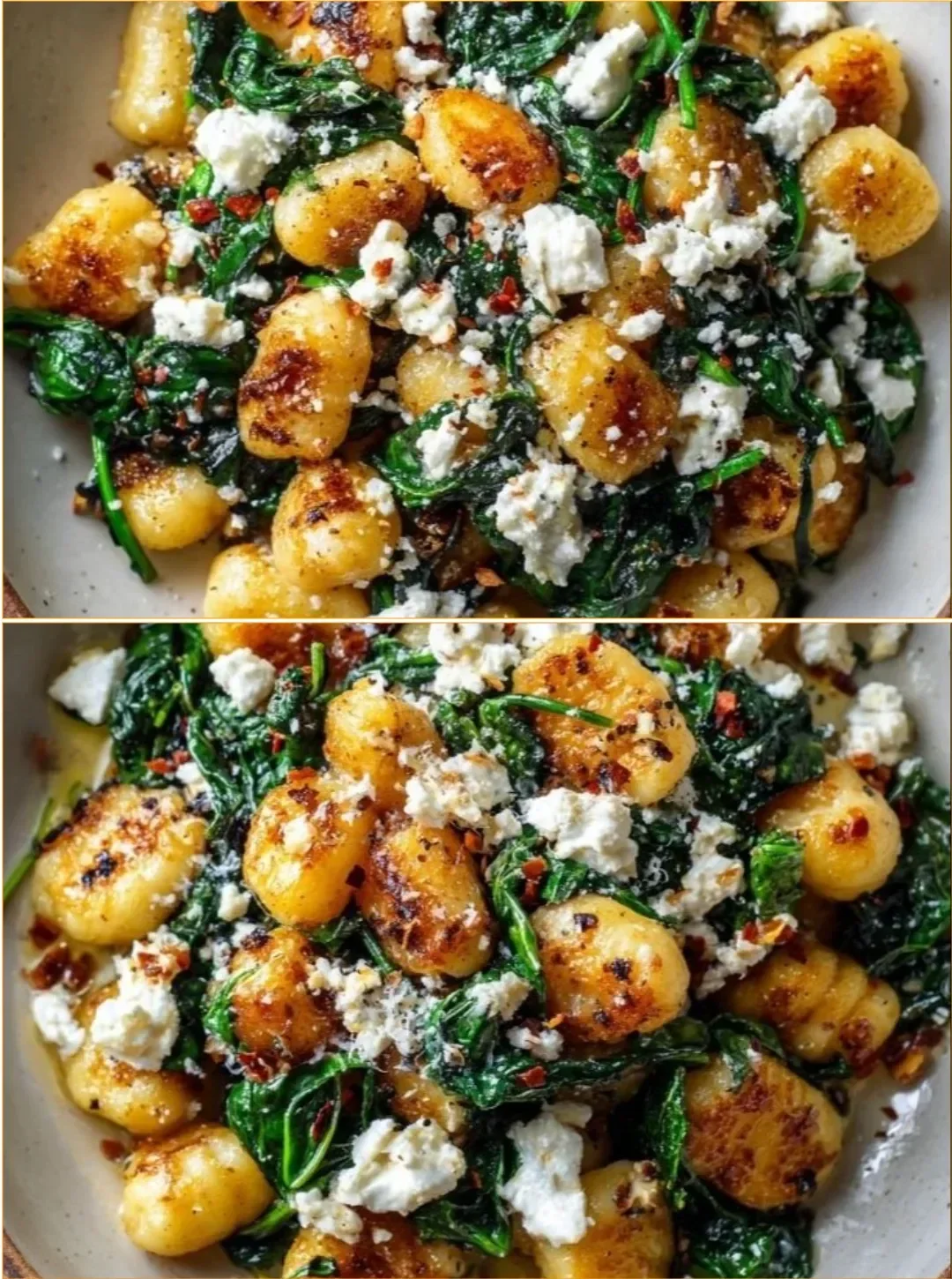Cremige Gnocchi mit Spinat und Feta auf einem Teller serviert