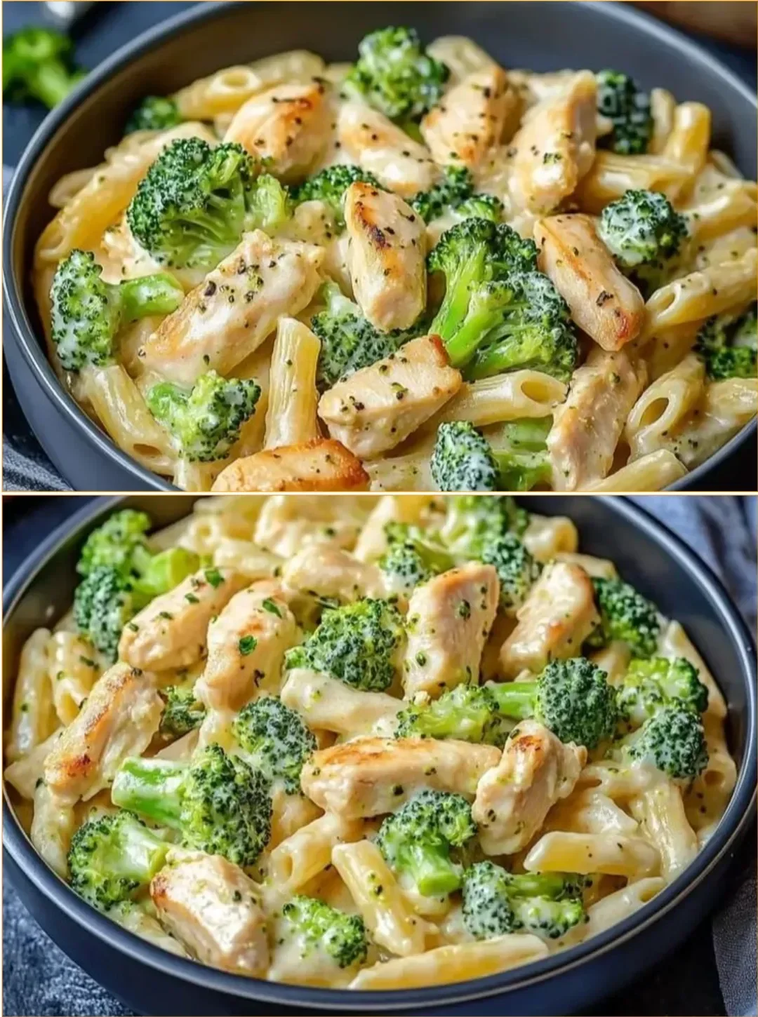 Cremige Hähnchen Brokkoli Pasta in einer Schale mit frischen Zutaten