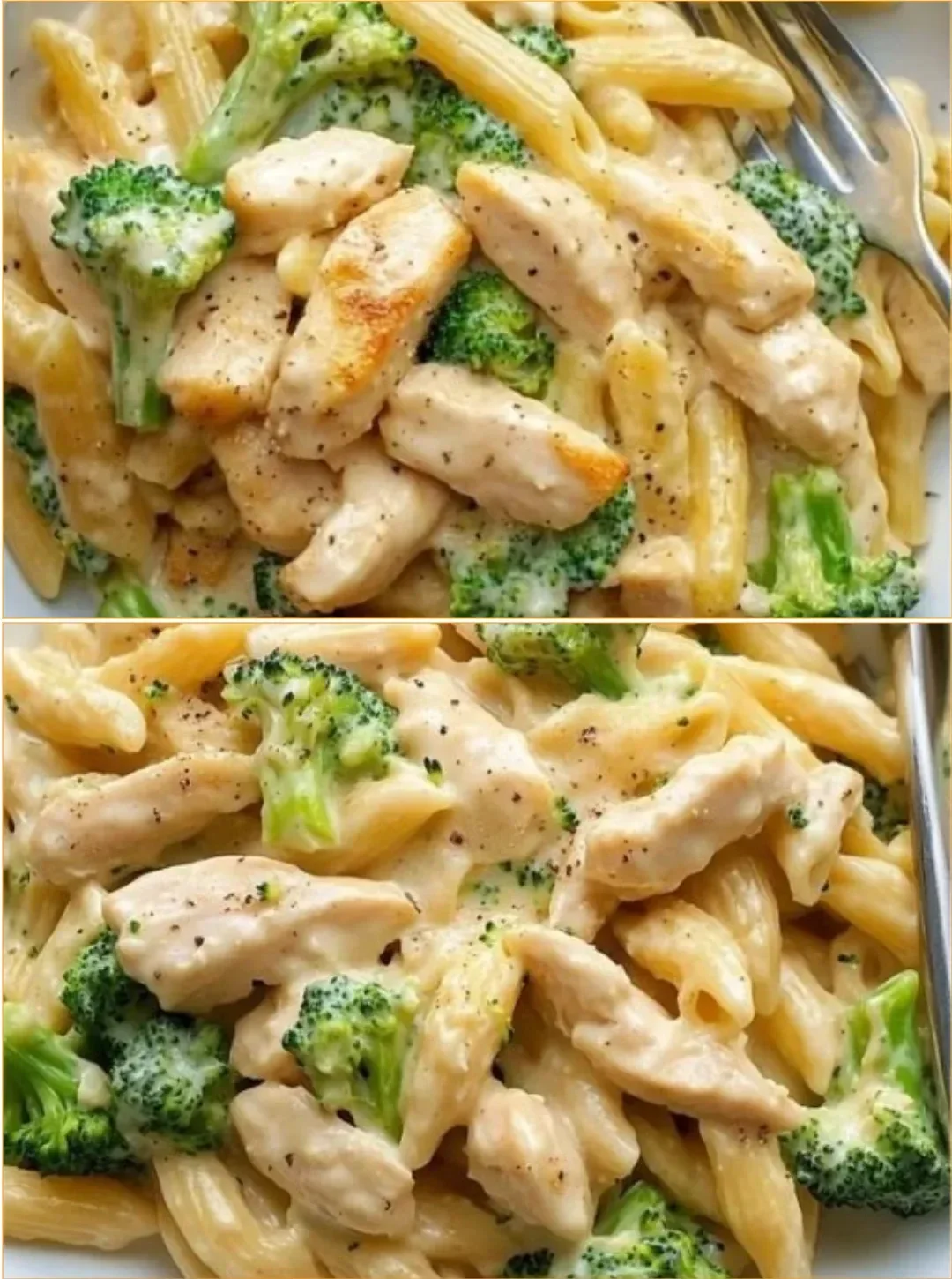 Cremige Hähnchen-Brokkoli-Pasta auf einem weißen Teller serviert