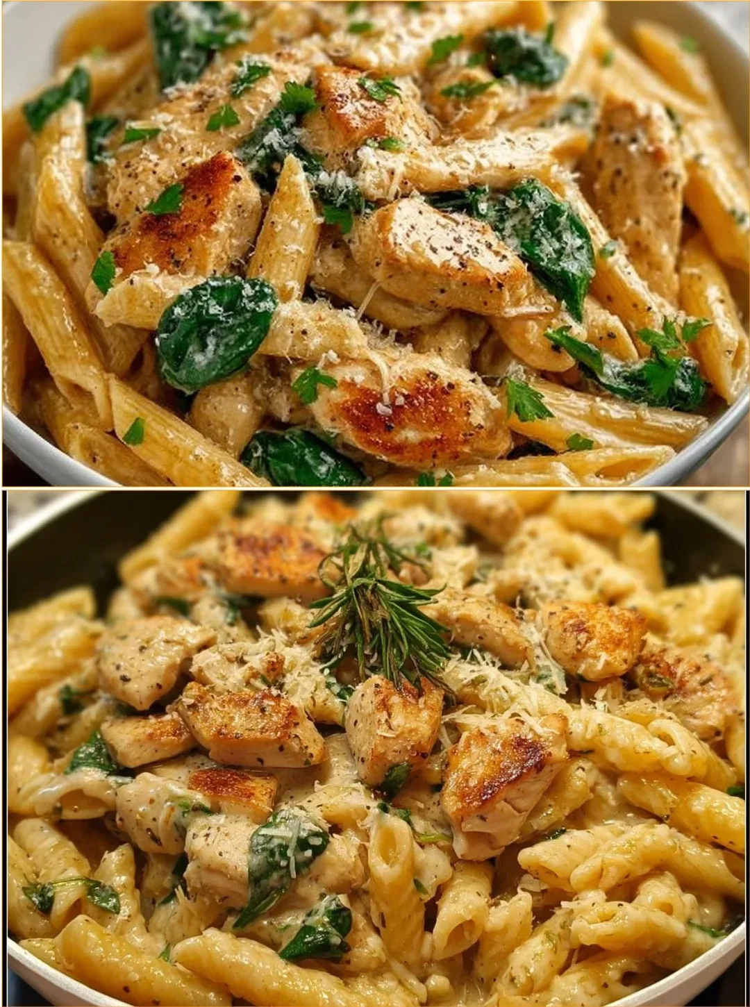 Cremige Knoblauch-Parmesan-Hühnchen-Pasta mit frischen Kräutern und Parmesan.