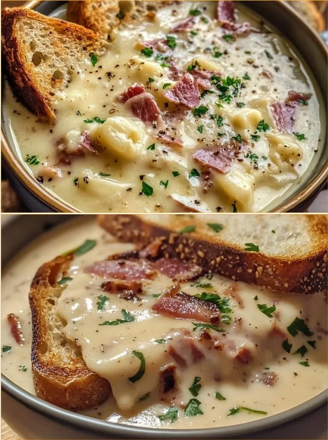 Cremige Reuben-Suppe in einer Schüssel mit frischen Kräutern garniert.