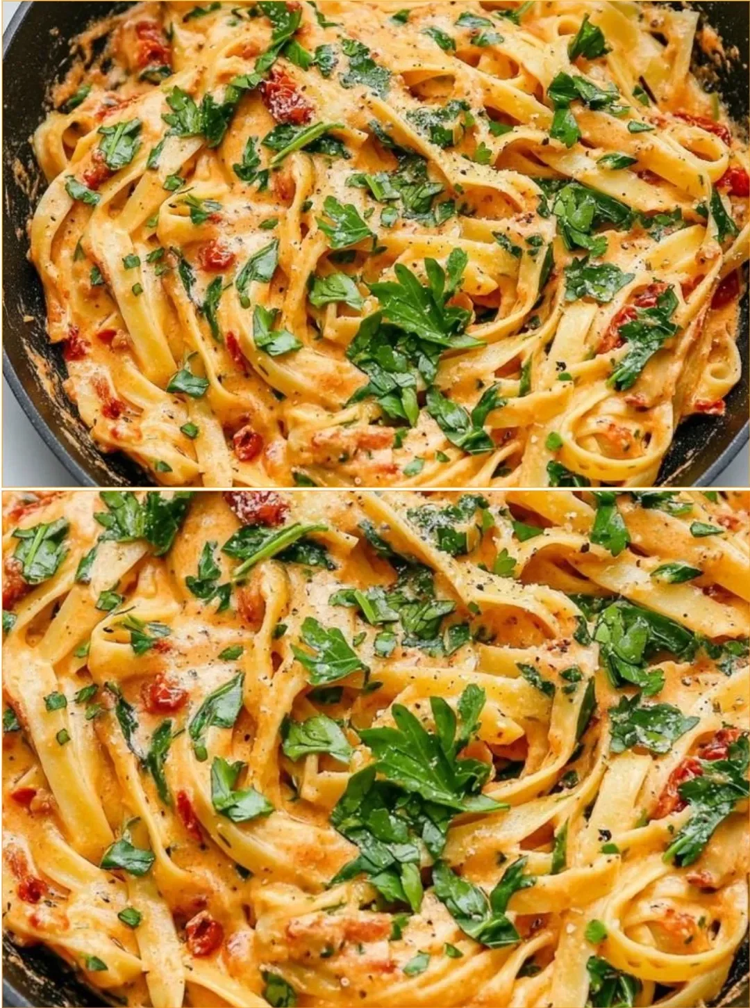 Cremige vegane Pasta mit sonnengetrockneten Tomaten auf einem Teller