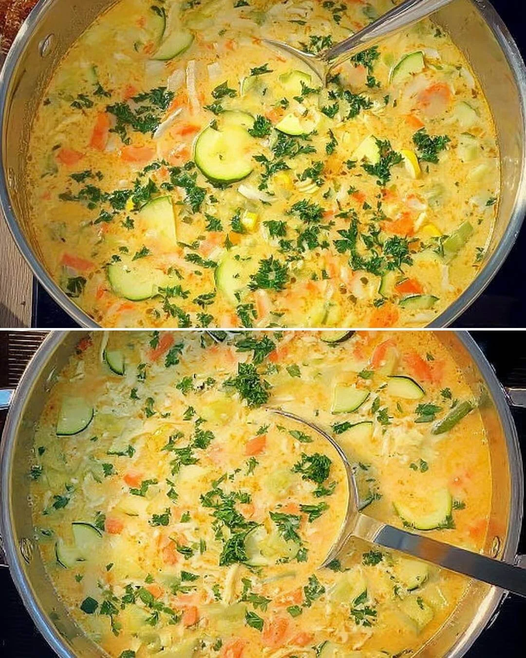 Cremige Zucchinisuppe in einer Schüssel mit frischen Kräutern garniert