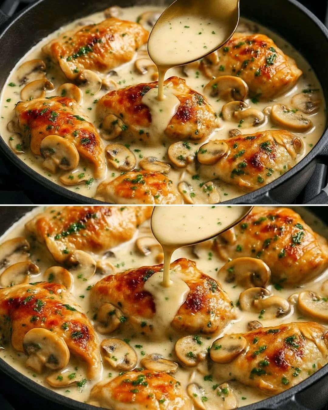 Cremiges Pilz-Hähnchen serviert mit frischen Kräutern auf einem Teller