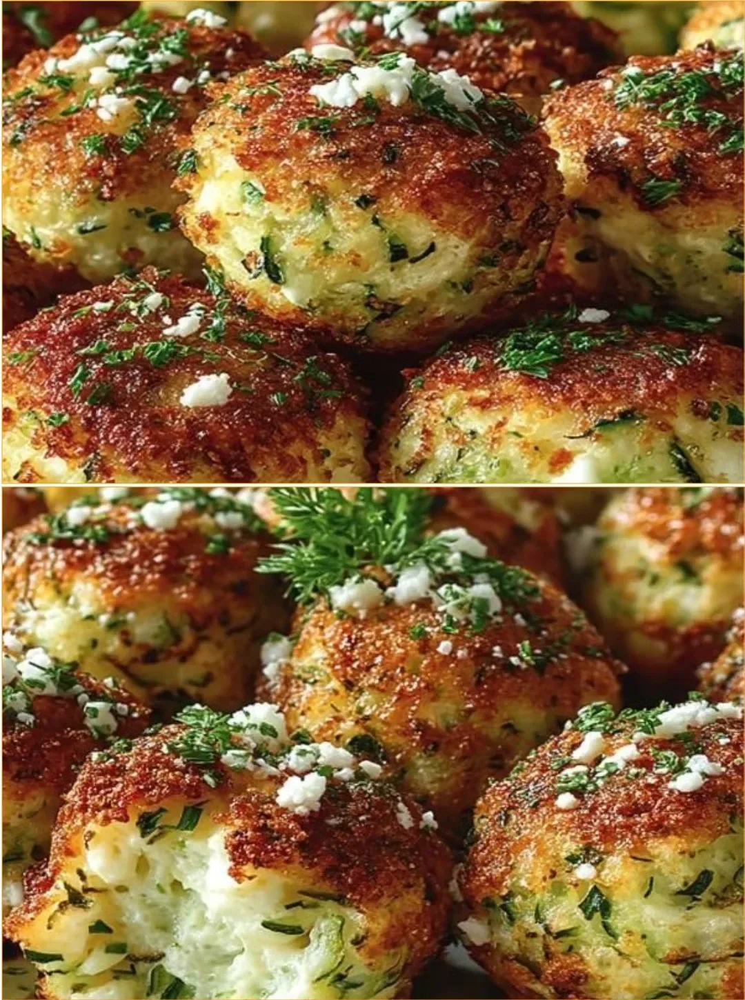 Crispy Zucchini-Feta Balls fresh from the oven, garnished and ready to serve.