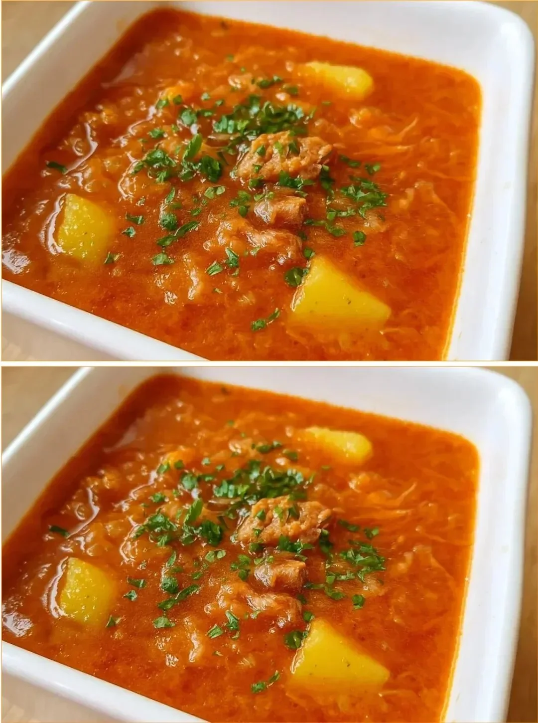 Dicke Krautsuppe mit Wurst und Kartoffeln auf einem Teller serviert