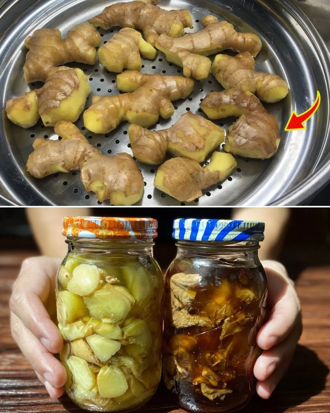 Eingelegter Ingwer in einem Glas mit frischen Zutaten