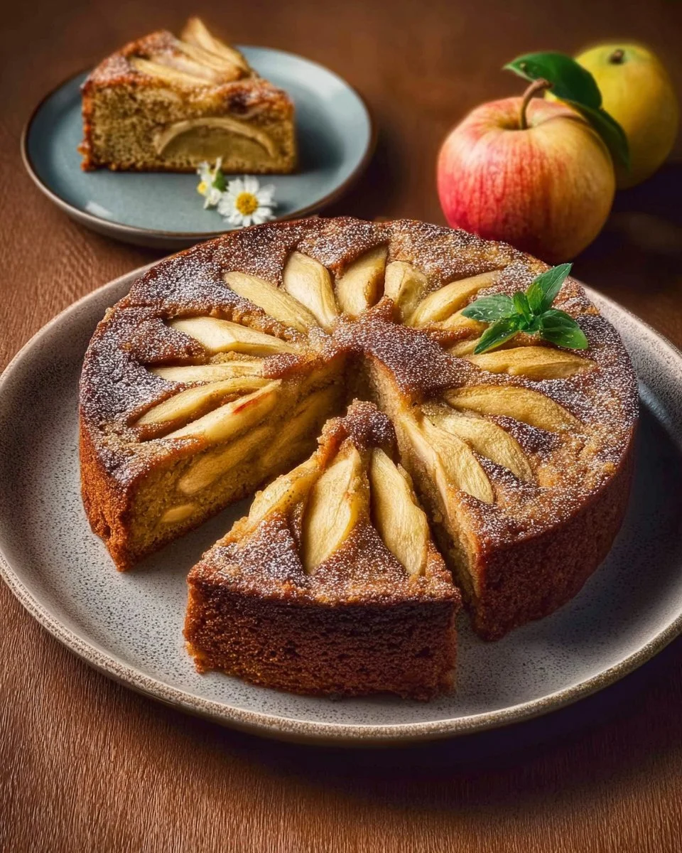 Esskastanien- und Apfelkuchen frisch gebacken auf einem Holzbrett