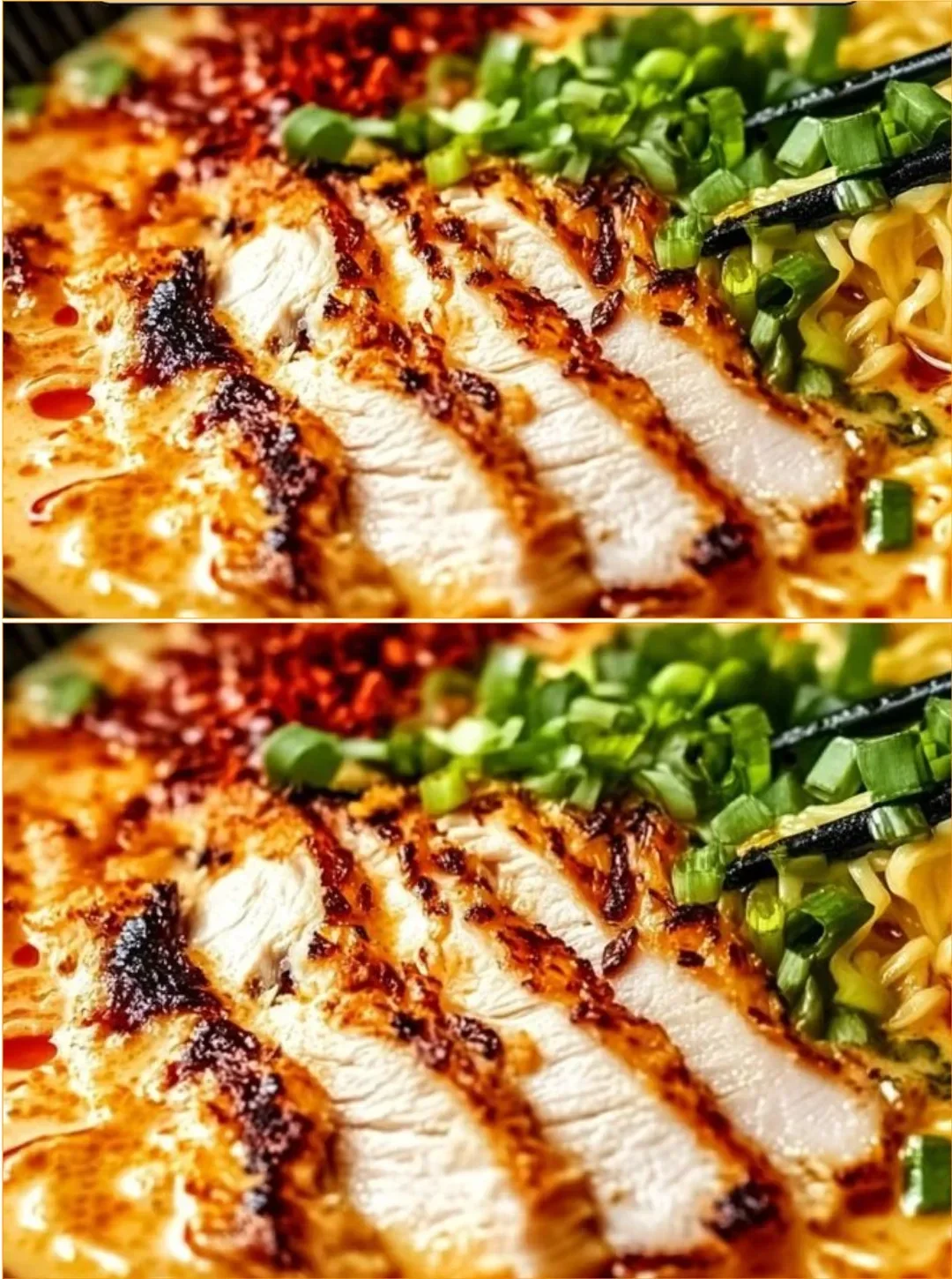 Feuriges Hühnchen Ramen in einer Schüssel mit frischen Zutaten