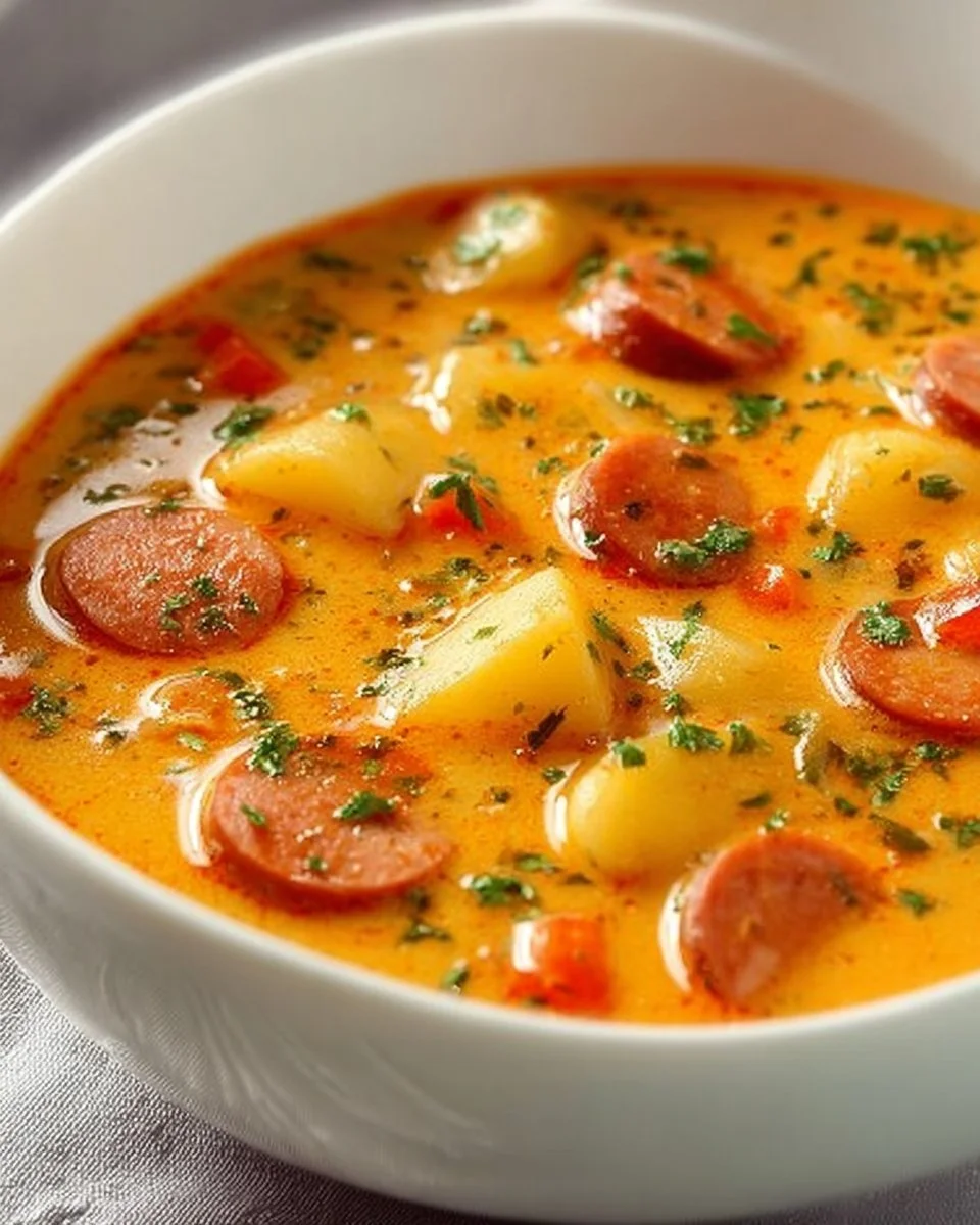 Eine Schüssel Frankfurter Suppe mit Würstchen und Gemüse auf einem Tisch.
