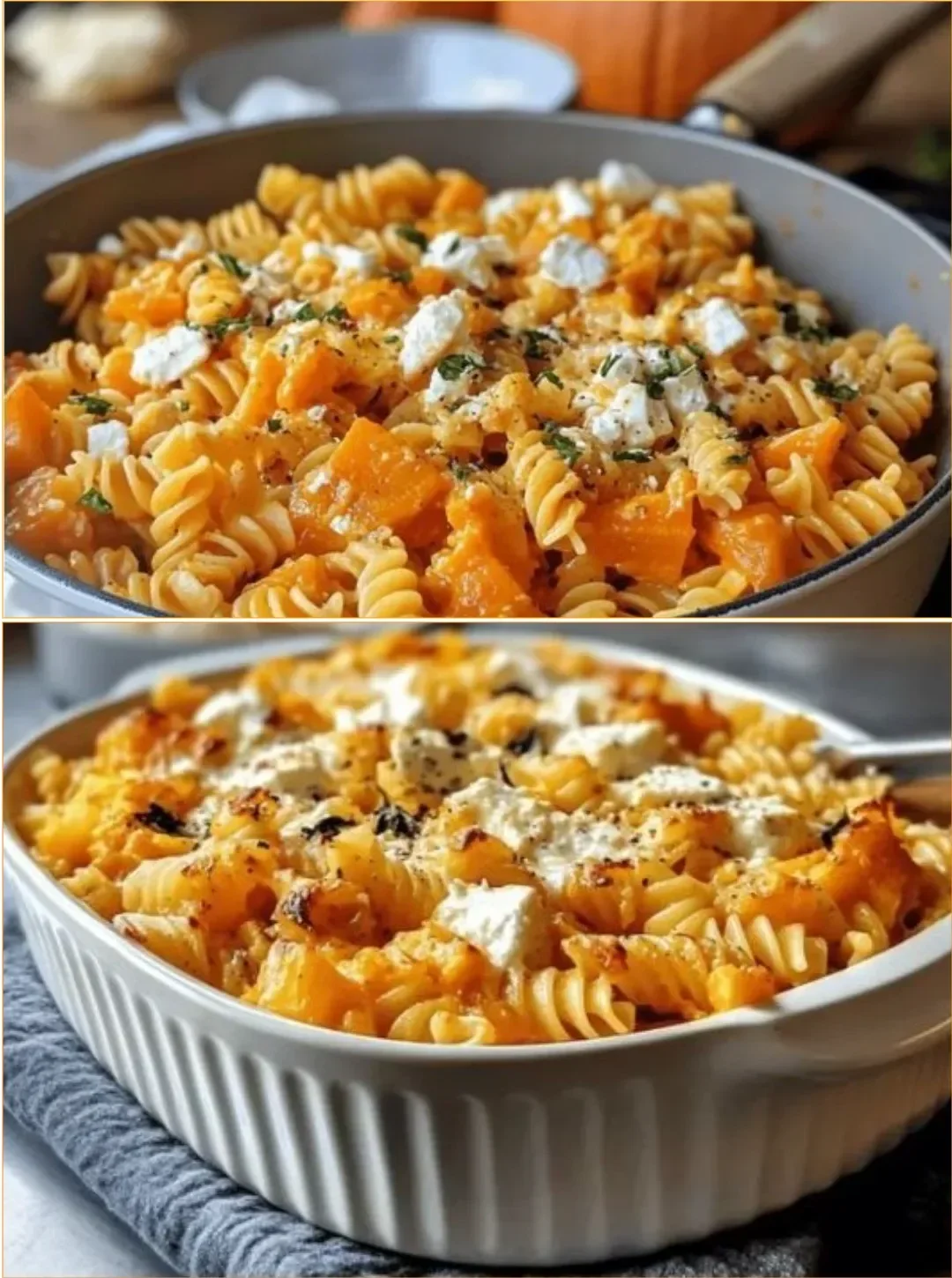 Gebackene Feta-Pasta mit Kürbis auf einem Teller serviert, herbstliche Dekoration.