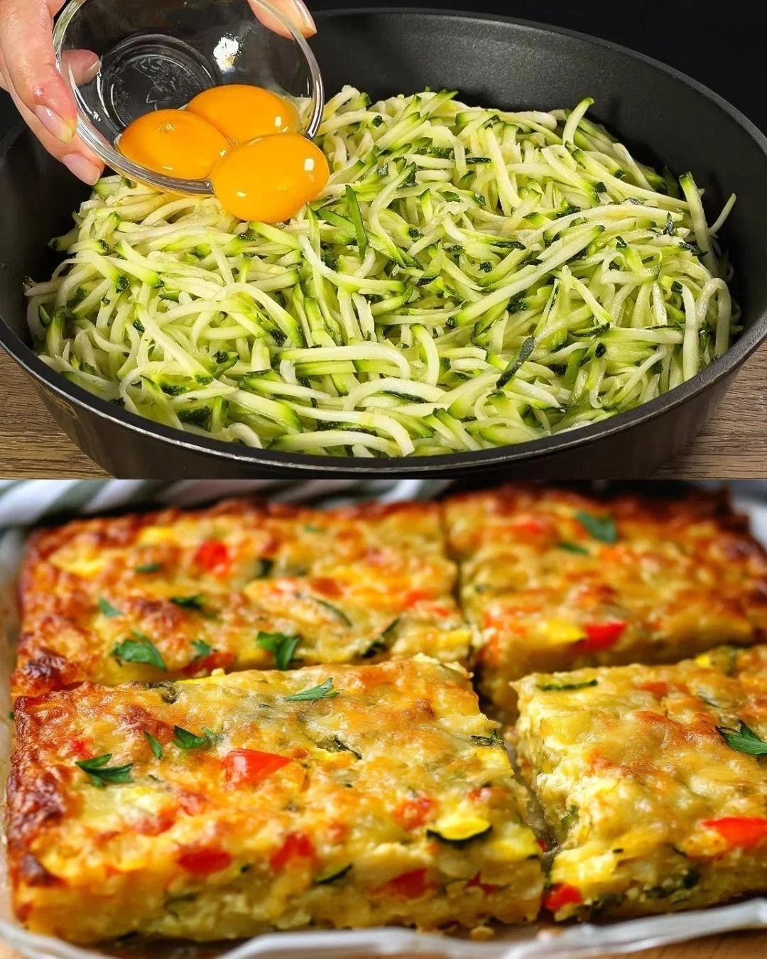 Frittata mit gebratenem Gemüse und Käse, serviert mit Knoblauch-Creme-Belag