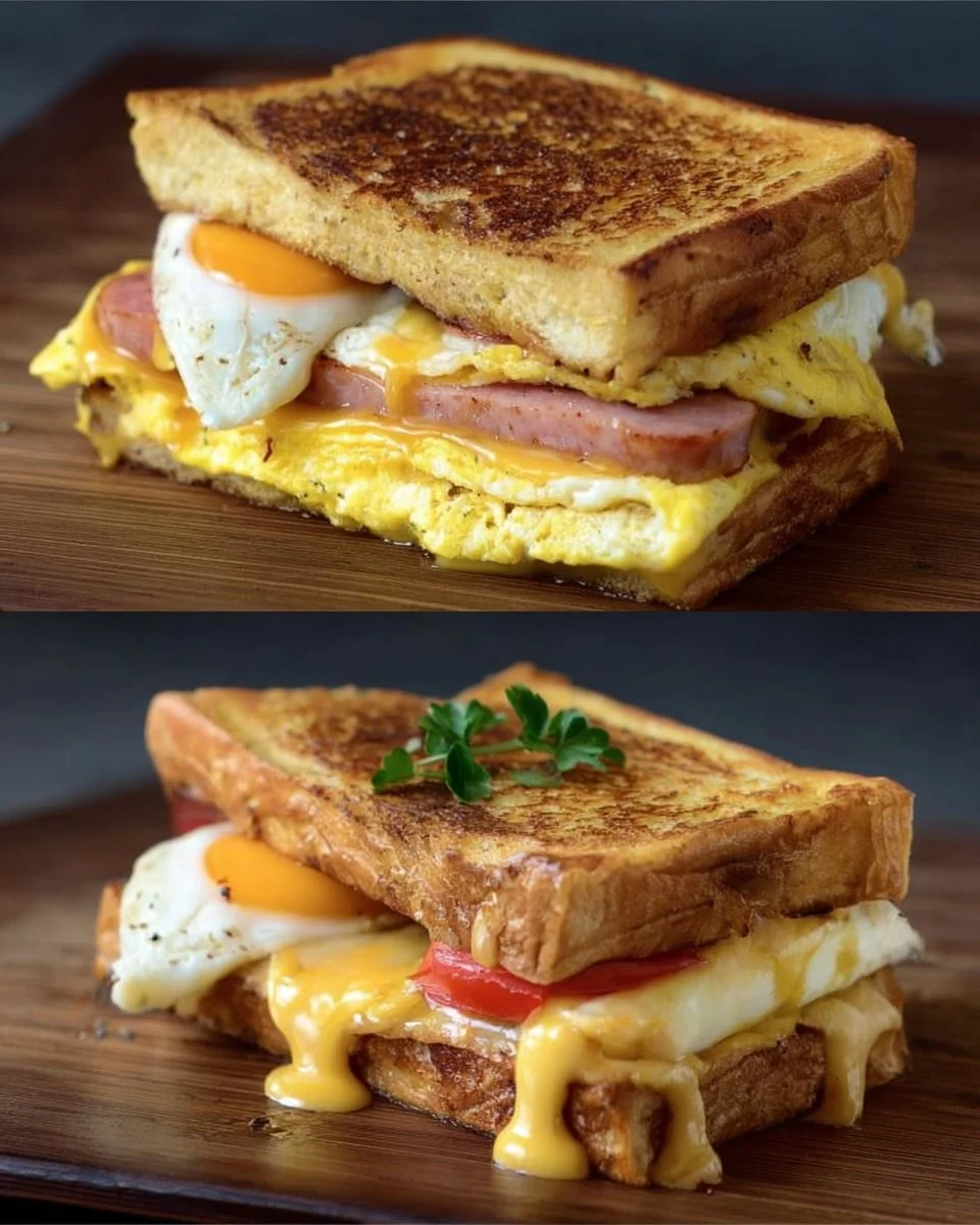 Gebratener Toast-Sandwich mit Eiern, Käse, Wurst und Schinken auf einem Teller