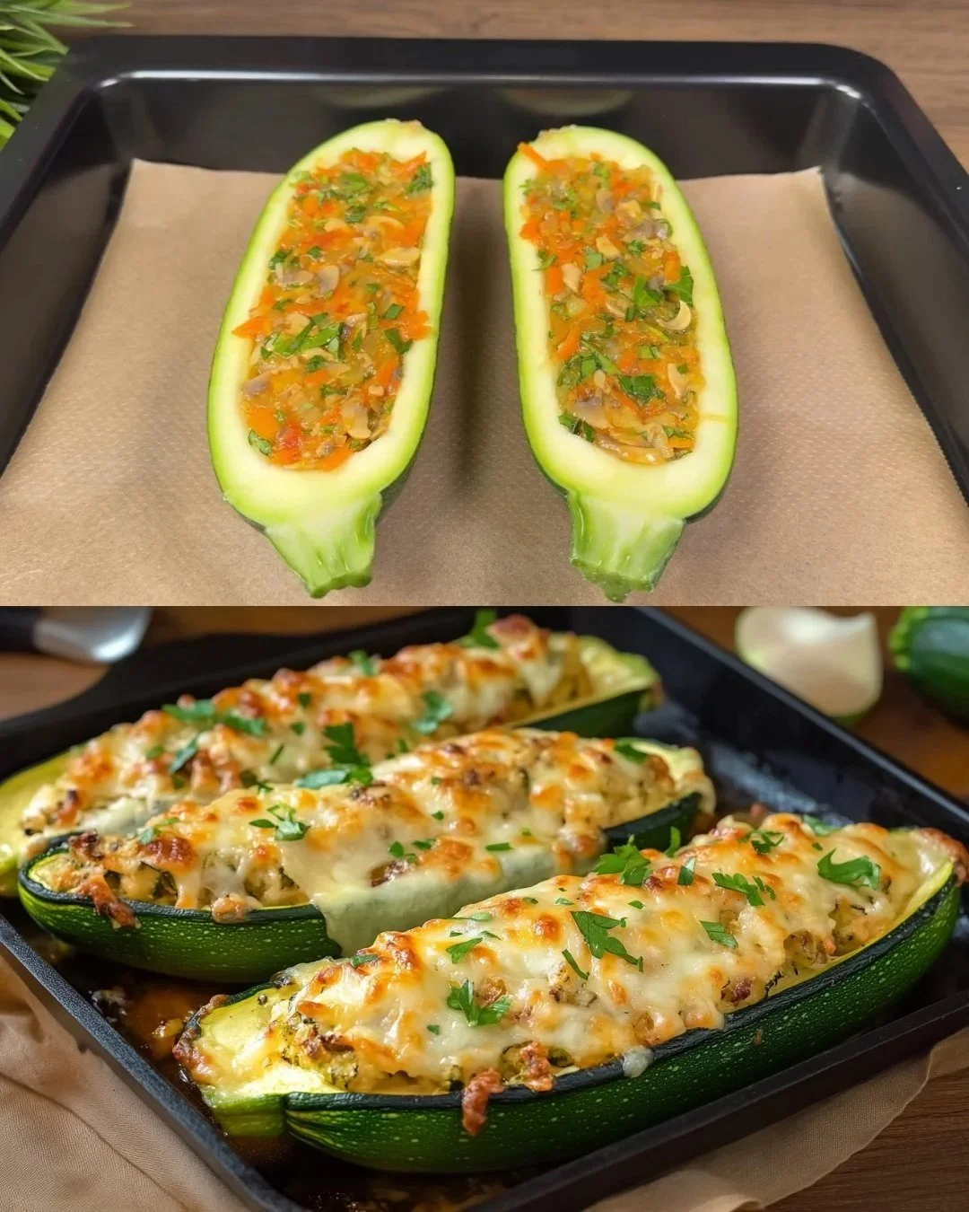 Gefüllte Zucchini-Boote mit frischen Zutaten auf einem Teller
