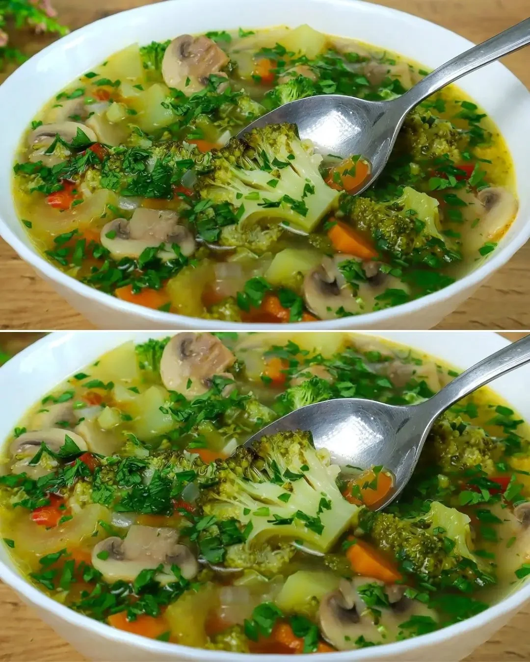 Gemüsesuppe mit Brokkoli und knusprigen Parmesan-Croutons