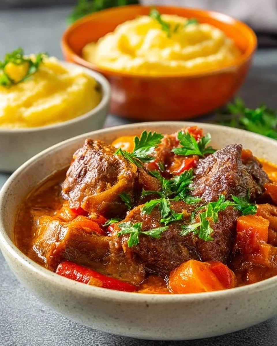 Geschmorte Rinder Rippchen in Tomatensauce auf einem Teller serviert.