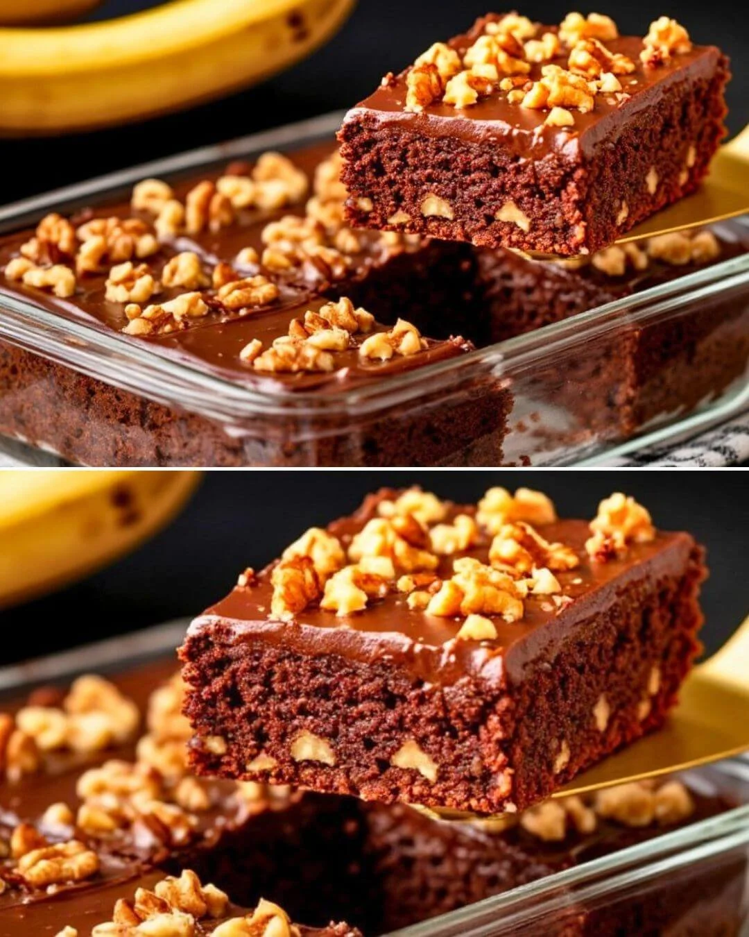 Gesunde Bananen Brownies mit Schokolade auf einem Teller serviert