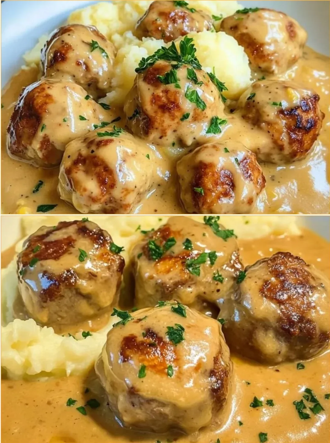 Hackbällchen in cremiger Sauce mit Kartoffelpüree auf einem Teller