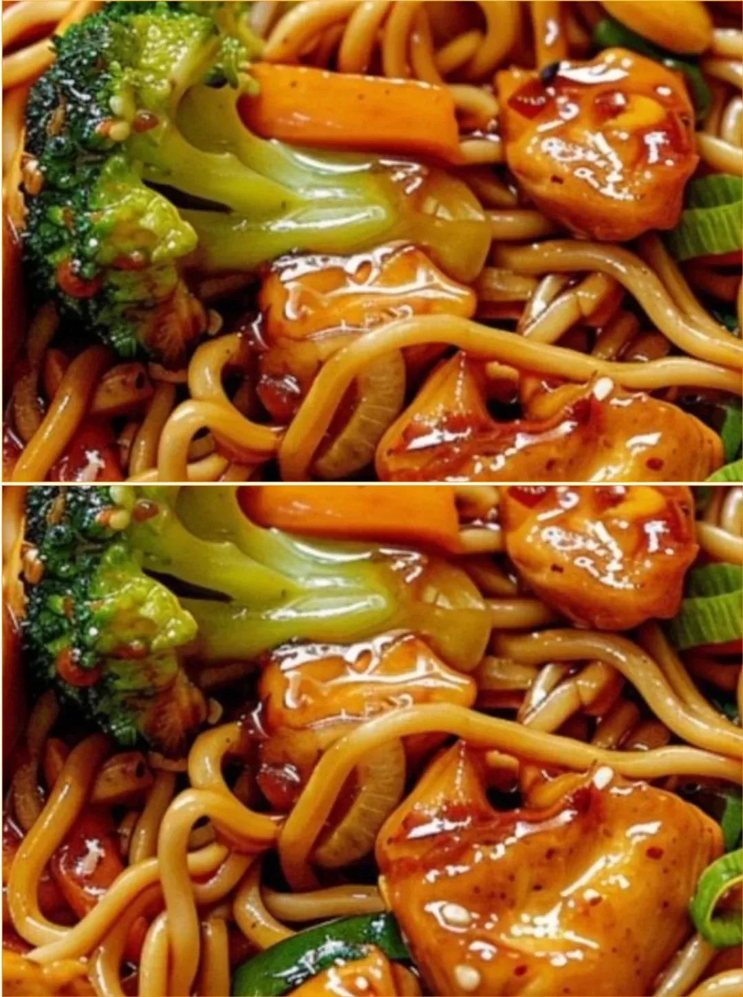 Hähnchen-Teriyaki-Nudeln mit Gemüse auf einem Teller angerichtet