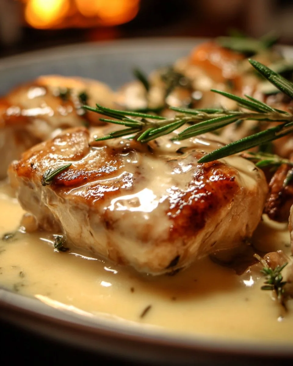 Zarte Hähnchenbrust mit cremiger Boursin-Sauce auf einem Teller angerichtet