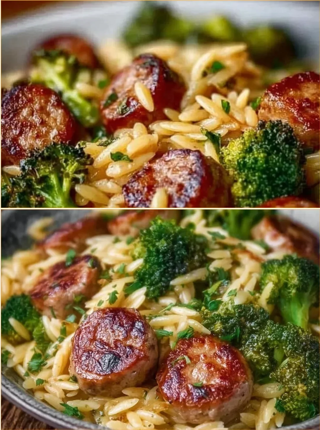 Schüssel mit Hähnchenwurst und Brokkoli-Orzo auf einem Tisch