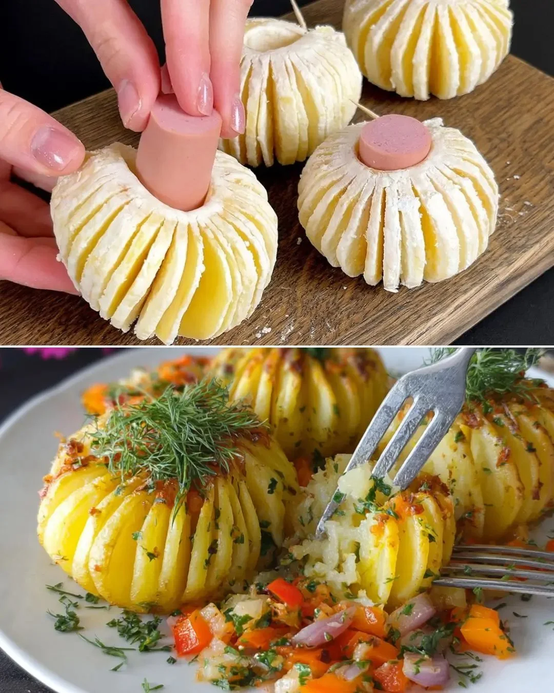 Hasselback Kartoffeln mit Wurstfüllung auf einem Teller angerichtet