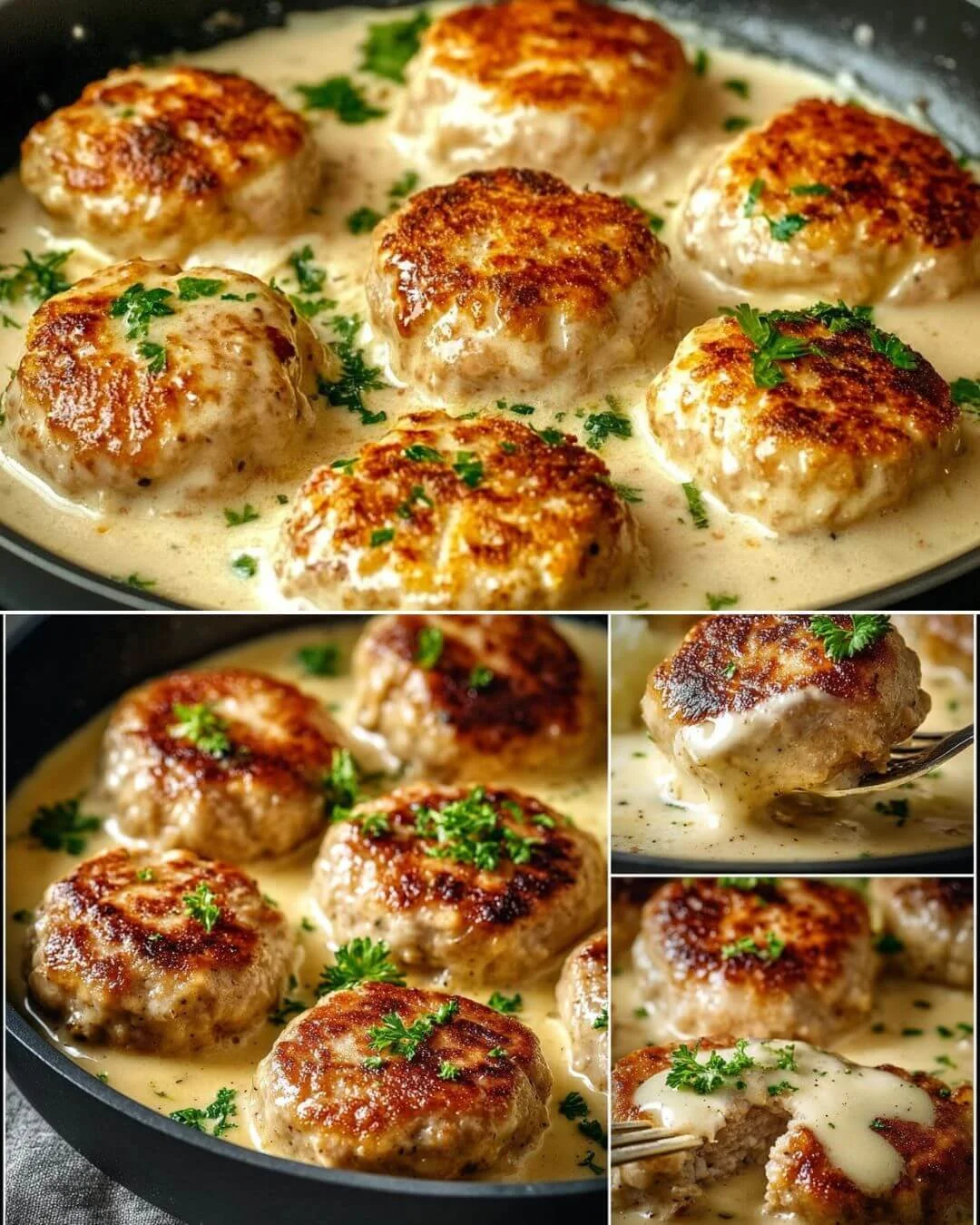 Hausgemachte Käsegefüllte Fleischpatties mit Rahmsauce und Kartoffelpüree auf einem Teller.