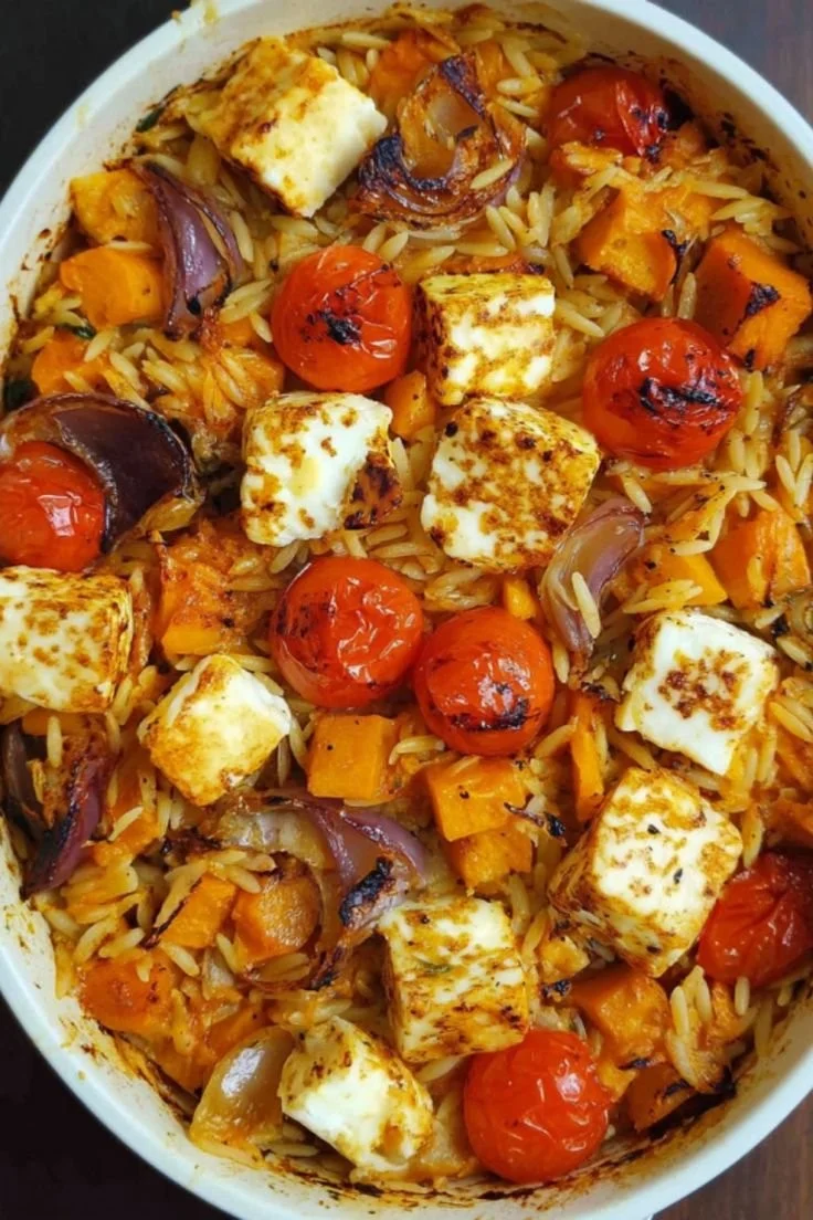 Herbstlicher Halloumi Orzo Auflauf mit frischem Gemüse und Käse überbacken.