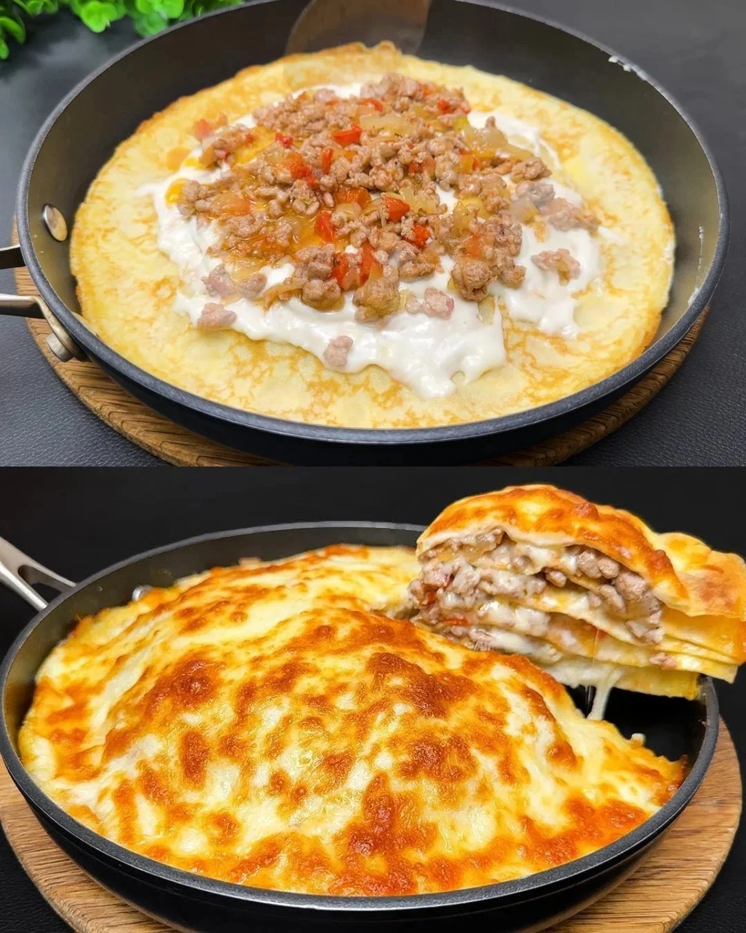 Herzhafte Pfannkuchen-Lasagne mit Hackfleisch und geschmolzenem Mozzarella