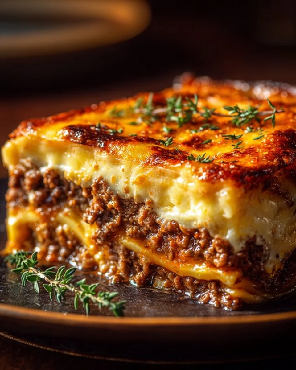 Herzhafter Cheeseburger-Kuchen mit Hackfleisch auf einem Teller serviert